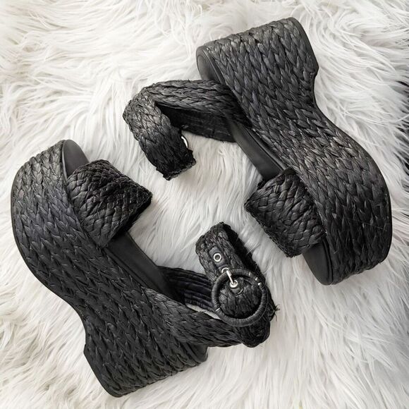 MARC FISHER | Marcell Braided Platform Sandal Black Espadrille Ankle Strap | 6.5 - Picture 4 of 12